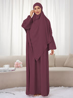 2pcs Set (Khimar And Abaya) Solid Color Muslim Prayer Outfit, Convenient Pullover Style with Lantern Sleeves And Waist Pleats, Paired with Matching Plain Headscarf Hijabs, Essential for Casual Outings, Fashionable Item Prayer Jilbab - Burgundy