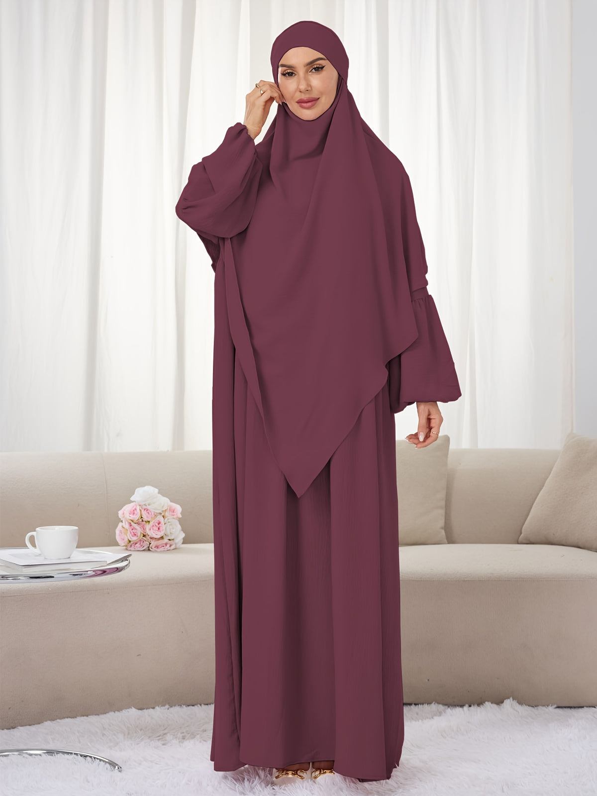 2pcs Set (Khimar And Abaya) Solid Color Muslim Prayer Outfit, Convenient Pullover Style with Lantern Sleeves And Waist Pleats, Paired with Matching Plain Headscarf Hijabs, Essential for Casual Outings, Fashionable Item Prayer Jilbab - Burgundy