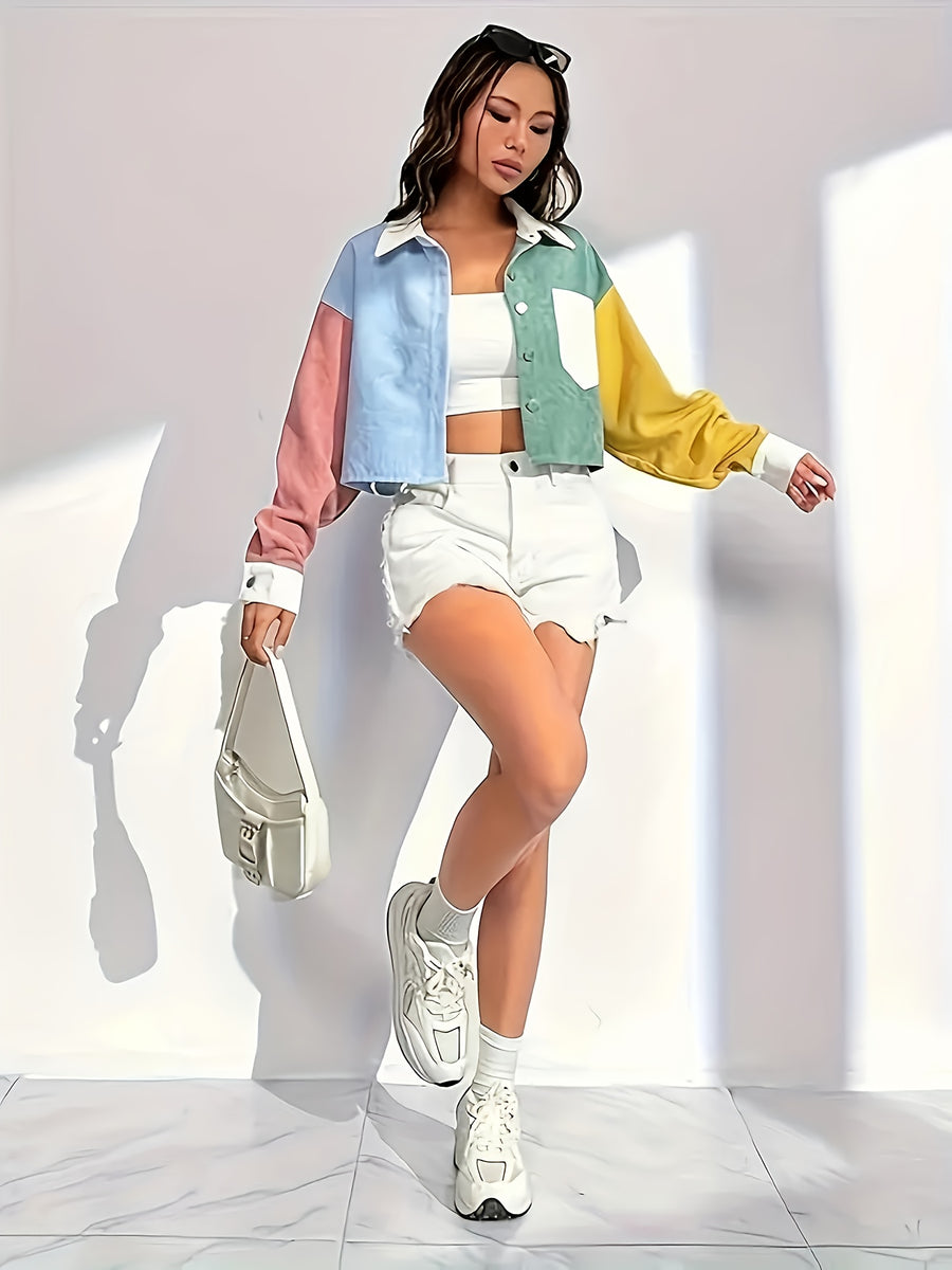 Stylish Color-block Flannel Jacket with an Elegant Collar, Women's Casual Blazer, Available for Spring, Summer, and Autumn, Featuring Pocket Details, Fabric, from the Elegant Collection - Mixed-color