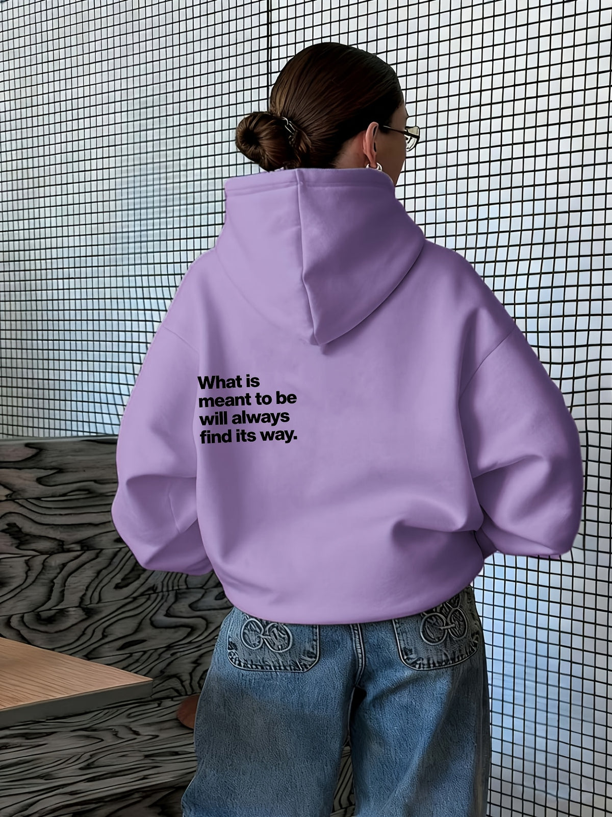 Women's Atmospheric Back English Phrase Print Hooded Sweatshirt with Fateful and Quote Design, Loose Oversized Drop-Shoulder Fit for Daily Streetwear Casual Pullover Hoodie - Purple