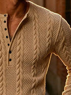 Back-To-School Season Men'S White Stretch Knit Long Sleeve Top, Henley Collar Pinstripe Textured Button-Up Shirt, Light Mature Korean Style Outfit, Early Autumn Fitted Style, Campus Outing And Weekend Shopping Knitwear - Khaki