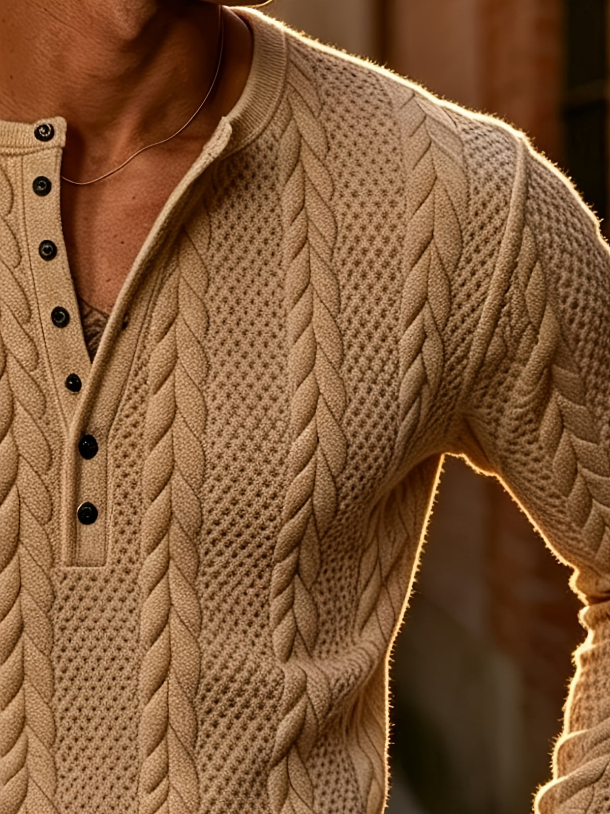 Back-To-School Season Men'S White Stretch Knit Long Sleeve Top, Henley Collar Pinstripe Textured Button-Up Shirt, Light Mature Korean Style Outfit, Early Autumn Fitted Style, Campus Outing And Weekend Shopping Knitwear - Khaki