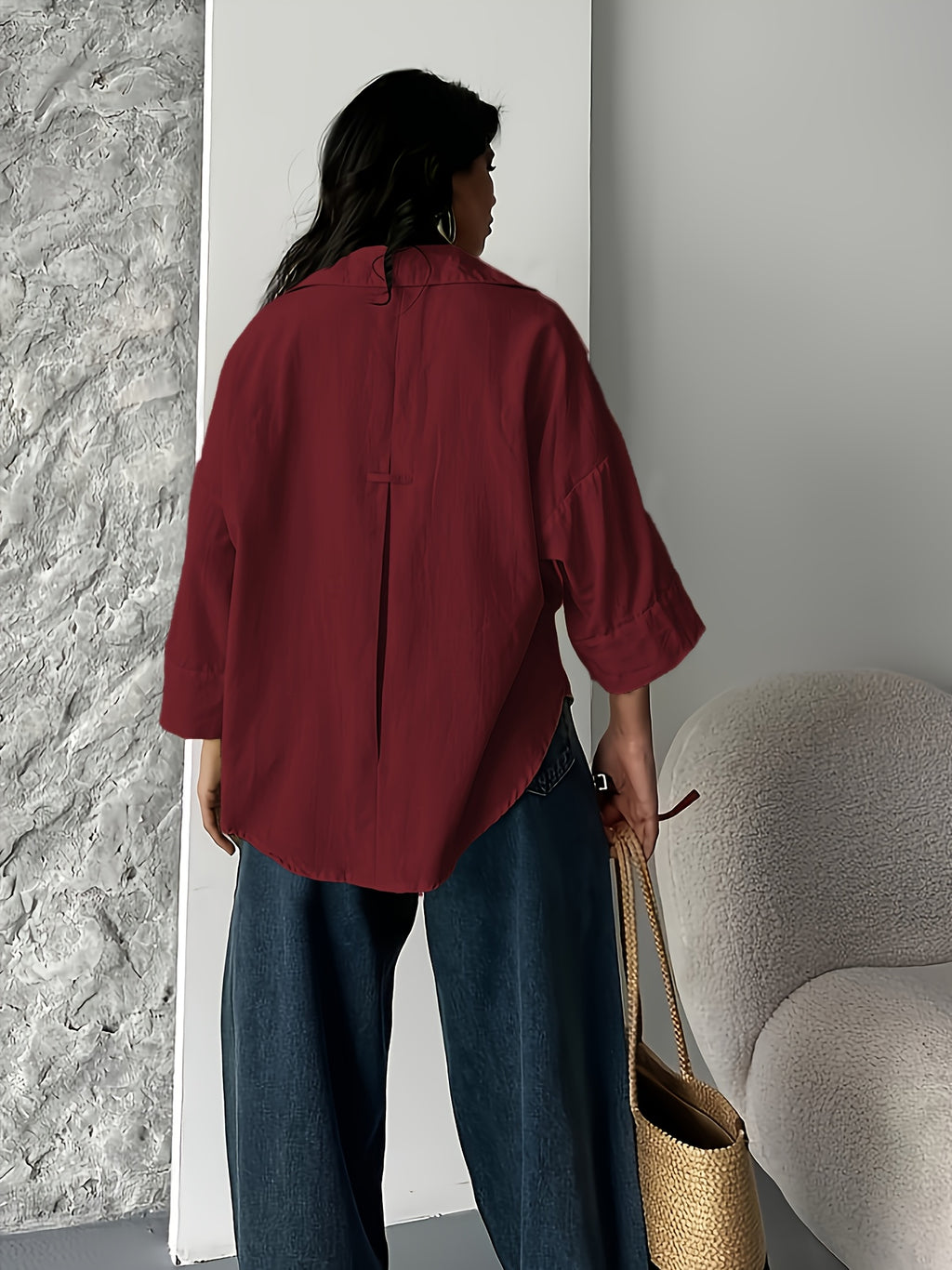 Fashion Spring Summer Women'S Off-Shoulder Puff Sleeve Button-Up Elegant Loose Shirt Lapel - Burgundy