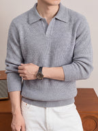 Men'S Polo Neck Knit Sweater Autumn Winter Thick Ribbed Placket Pullover Casual Solid Color Knit Top - Light Grey