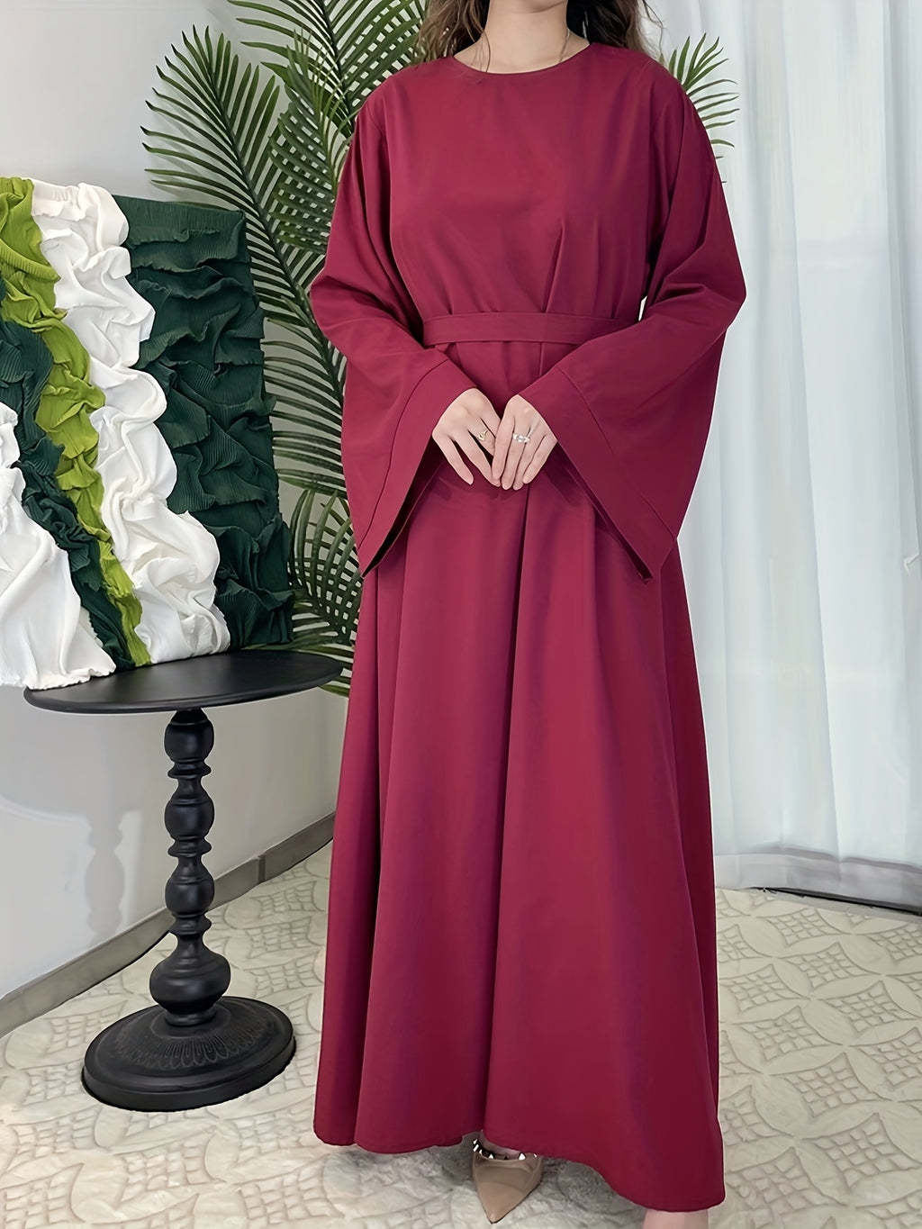 Women's Elegant Green Flared Sleeve Long Dress, Loose Fit, Versatile for All Seasons, Suitable for Home, Festive, and Traditional Attire - Burgundy