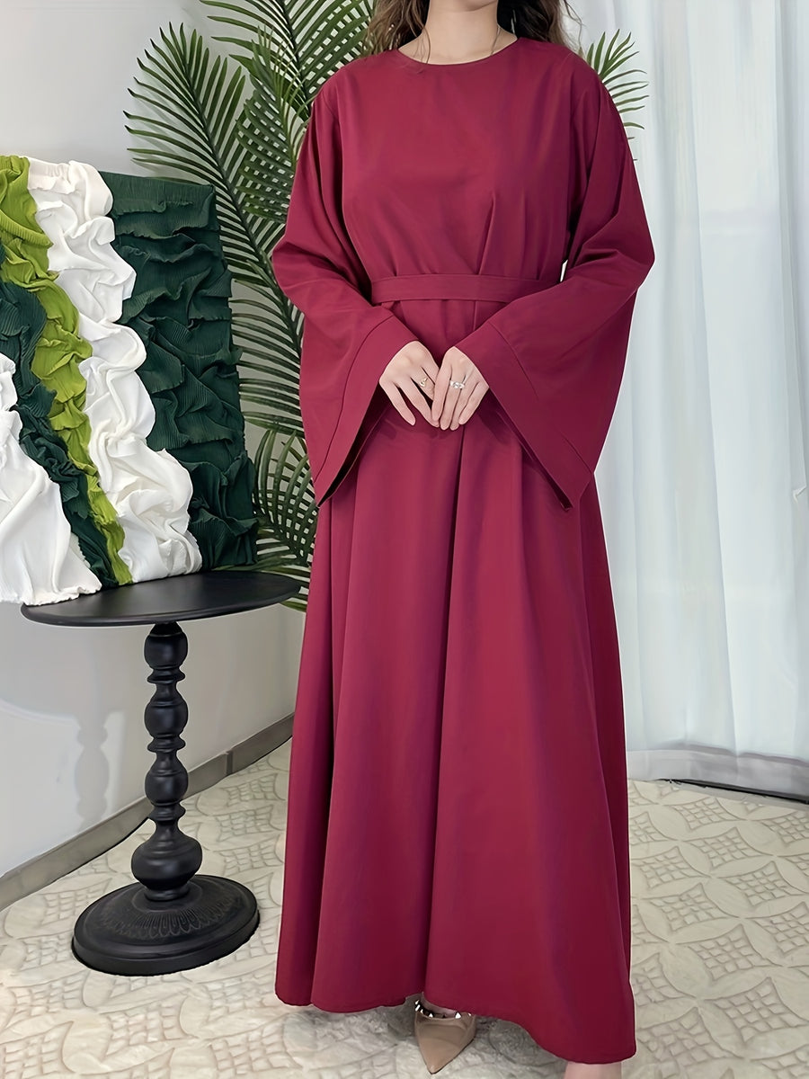 Women's Elegant Green Flared Sleeve Long Dress, Loose Fit, Versatile for All Seasons, Suitable for Home, Festive, and Traditional Attire - Burgundy