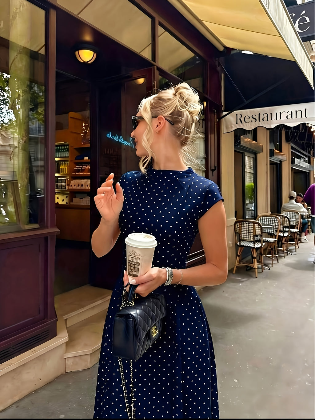 New Women's Polka Dot Maxi Dress, Waist-Cinching Style, Elegant French-Style Dress - Navy Color