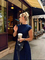 New Women's Polka Dot Maxi Dress, Waist-Cinching Style, Elegant French-Style Dress - Navy Color