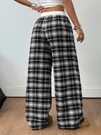 Women'S All-Season Basic Casual Street Style Plaid Contrast Low-Waist Loose Wide-Leg Trousers, Spring/Autumn Women'S Clothing - Black