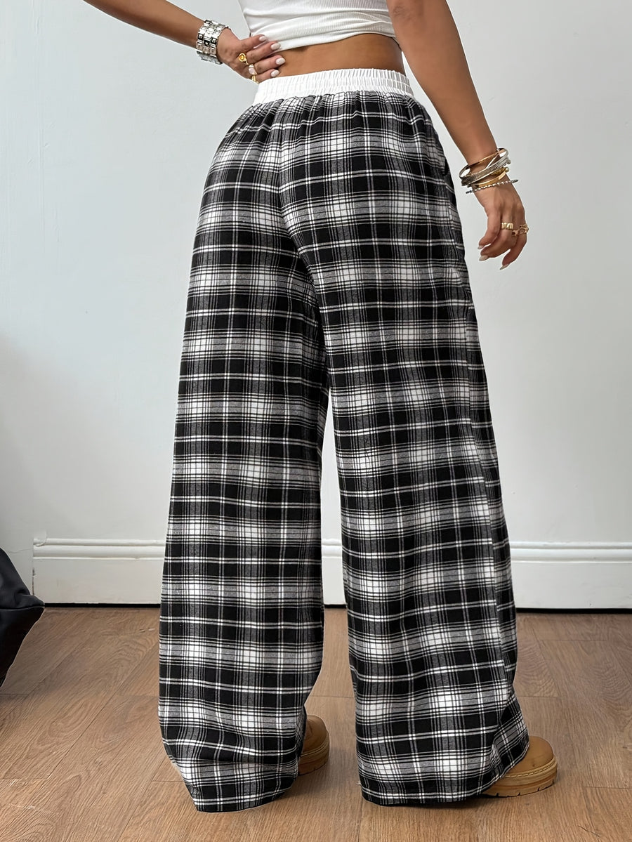 Women'S All-Season Basic Casual Street Style Plaid Contrast Low-Waist Loose Wide-Leg Trousers, Spring/Autumn Women'S Clothing - Black