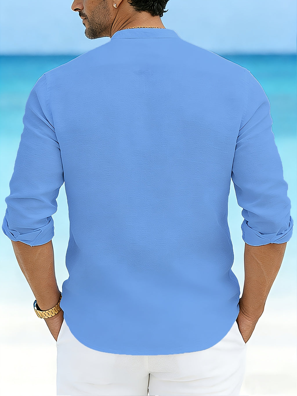 Men's 100% Pure Cotton Casual Stand Collar Long Sleeve Shirt, 5pcs. Breathable Long-sleeve Shirts for Men, a Great Choice for Daily Commutes, Outings, and Seaside Vacations. A Wonderful Gift for a Boyfriend or Husband. - Black + Gray + Blue + Green + White