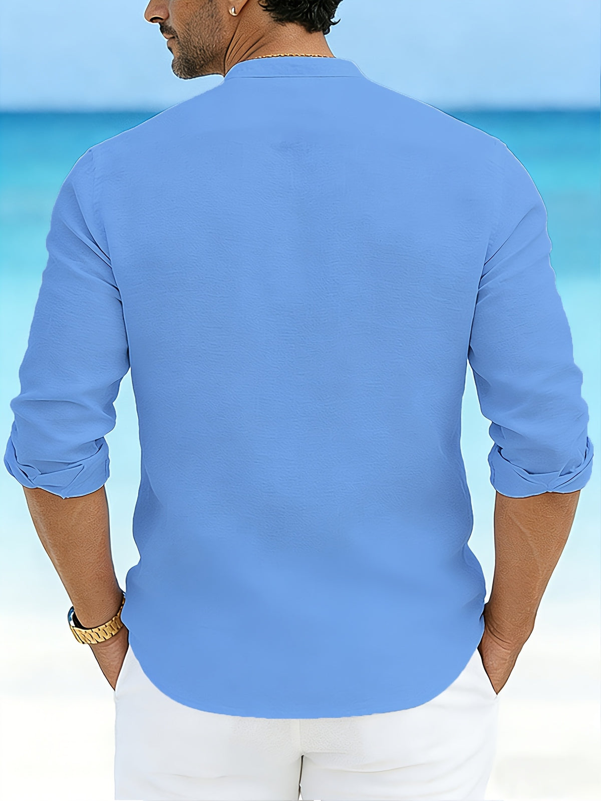 Men's 100% Pure Cotton Casual Stand Collar Long Sleeve Shirt, 5pcs. Breathable Long-sleeve Shirts for Men, a Great Choice for Daily Commutes, Outings, and Seaside Vacations. A Wonderful Gift for a Boyfriend or Husband. - Black + Gray + Blue + Green + White
