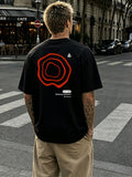 Men's Loose Fit T-Shirt with Minimalist Red Circular Back Print, Short Sleeve, 100% Pure Cotton, 240g Versatile Short Sleeve, Unique Pattern, Thick Fabric, Sweat-Absorbent and Breathable, Comfortable Inner Layer Casual Top, Daily Streetwear - Black