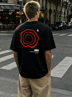 Men's Loose Fit T-Shirt with Minimalist Red Circular Back Print, Short Sleeve, 100% Pure Cotton, 240g Versatile Short Sleeve, Unique Pattern, Thick Fabric, Sweat-Absorbent and Breathable, Comfortable Inner Layer Casual Top, Daily Streetwear - Black