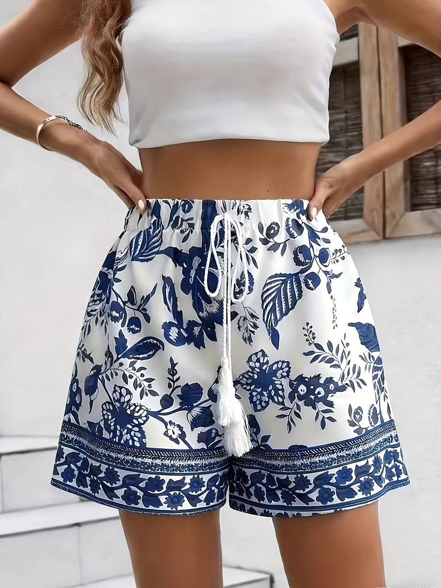 Summer New Elastic Waist Tassel Patchwork Print Beach Casual Loose Shorts Women'S - Multicolor