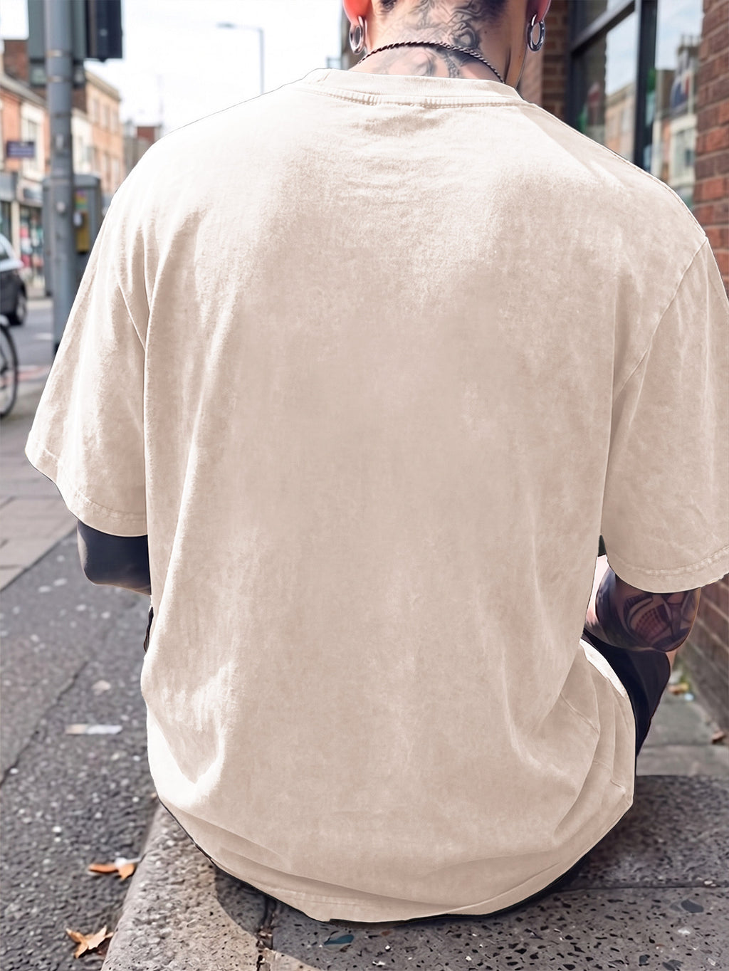 Short Sleeve T-Shirt, Half-Sleeve Top, Pure Cotton Washed Distressed Loose Fit, Compass Print, Multiple Colors for Mix and Match, American Streetwear, Chinese National Trend, High Street, Hip-Hop, Y2K Style, Daily Streetwear, Sports - Apricot