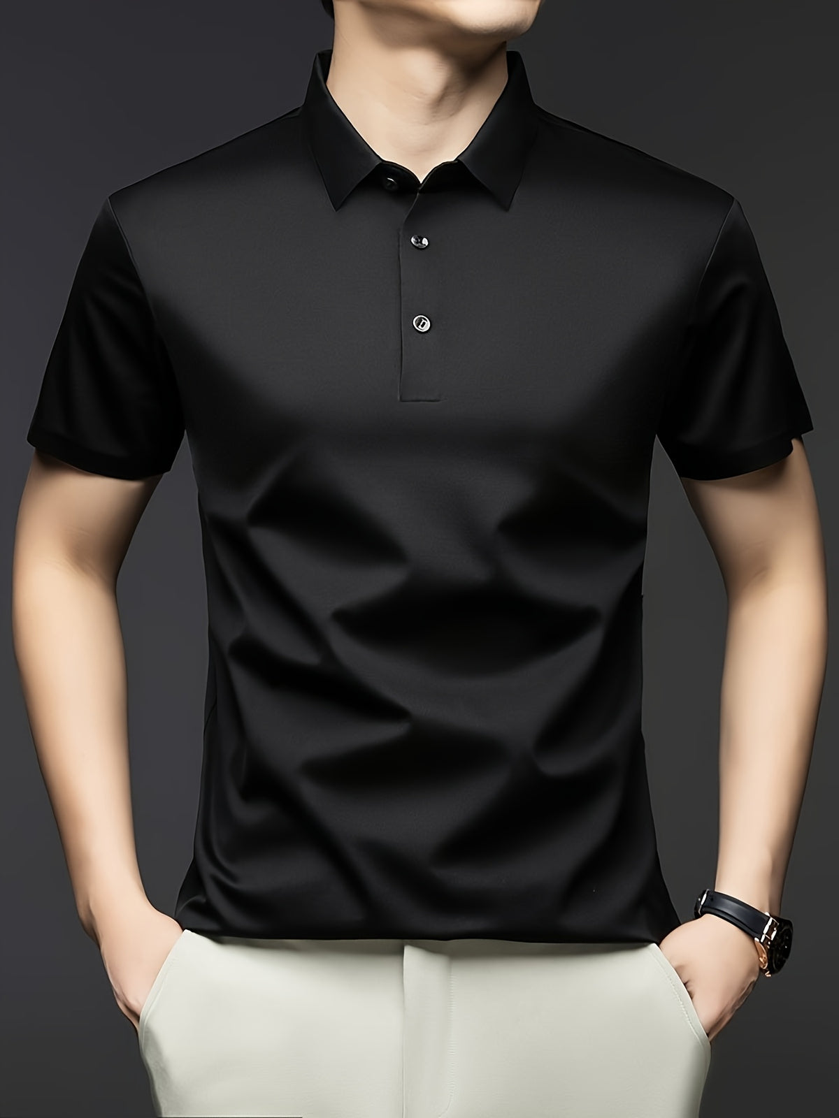 NERO POLO Summer Middle-Aged Men'S Short-Sleeved T-Shirt with Mulberry Solid Color Lapel Polo Shirt Short-Sleeved T-Shirt Men - Black