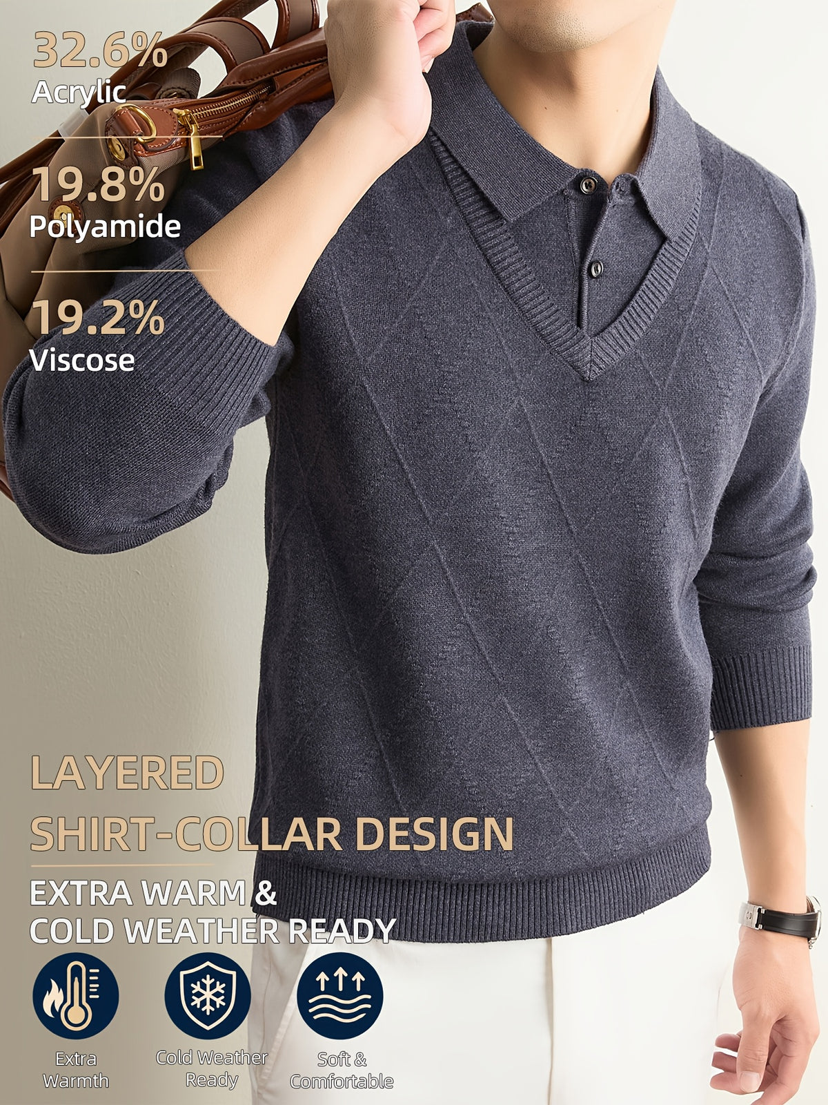 Men's Grey Polo Sweater, Faux 2pcs Shirt-Collar Design, V-Neck & Subtle Diamond Knit Pattern, Classic Refined Style, Warm Autumn Winter Pullover for Casual Wear, Golf & Outdoor Activities - Medium Gray