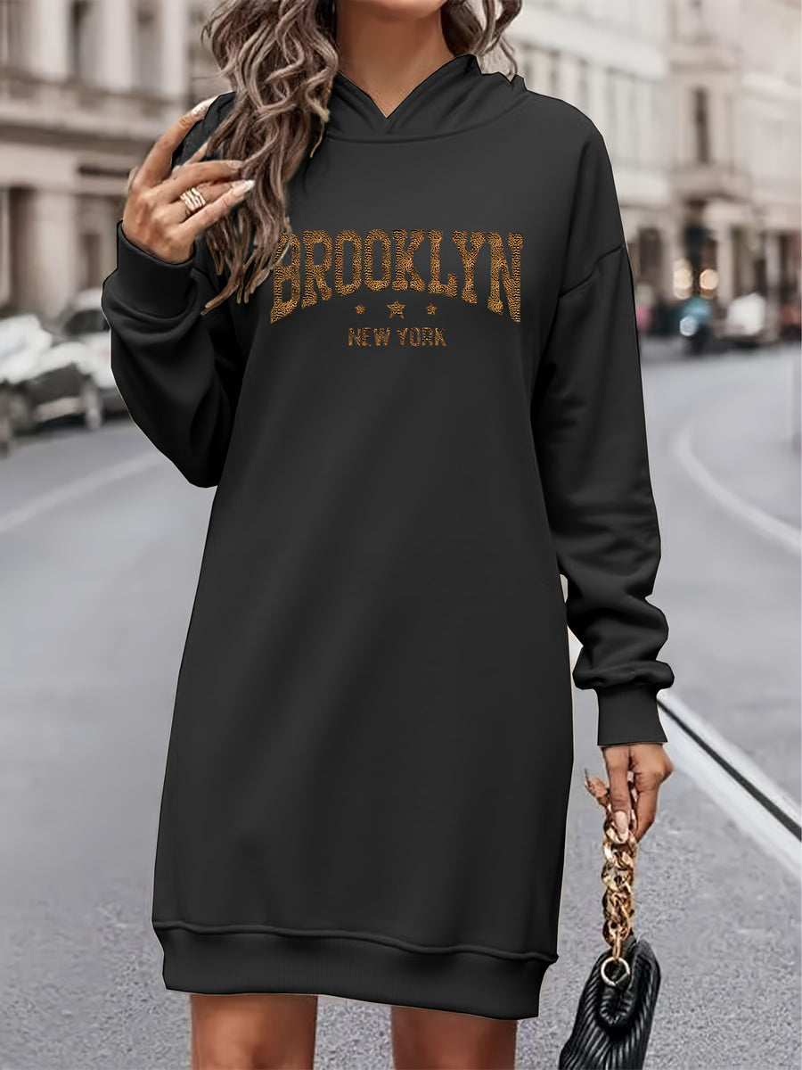 Women'S Fashion Letter Print Hooded Sweat Dress, Women'S Autumn Winter Premium Trendy Street Style Age-Reducing Fleece-Lined Color-Block Hooded Sweatshirt, Casual Versatile Hooded Top, Outerwear Pullover, Long Length Sweatshirt, Elegant - Black