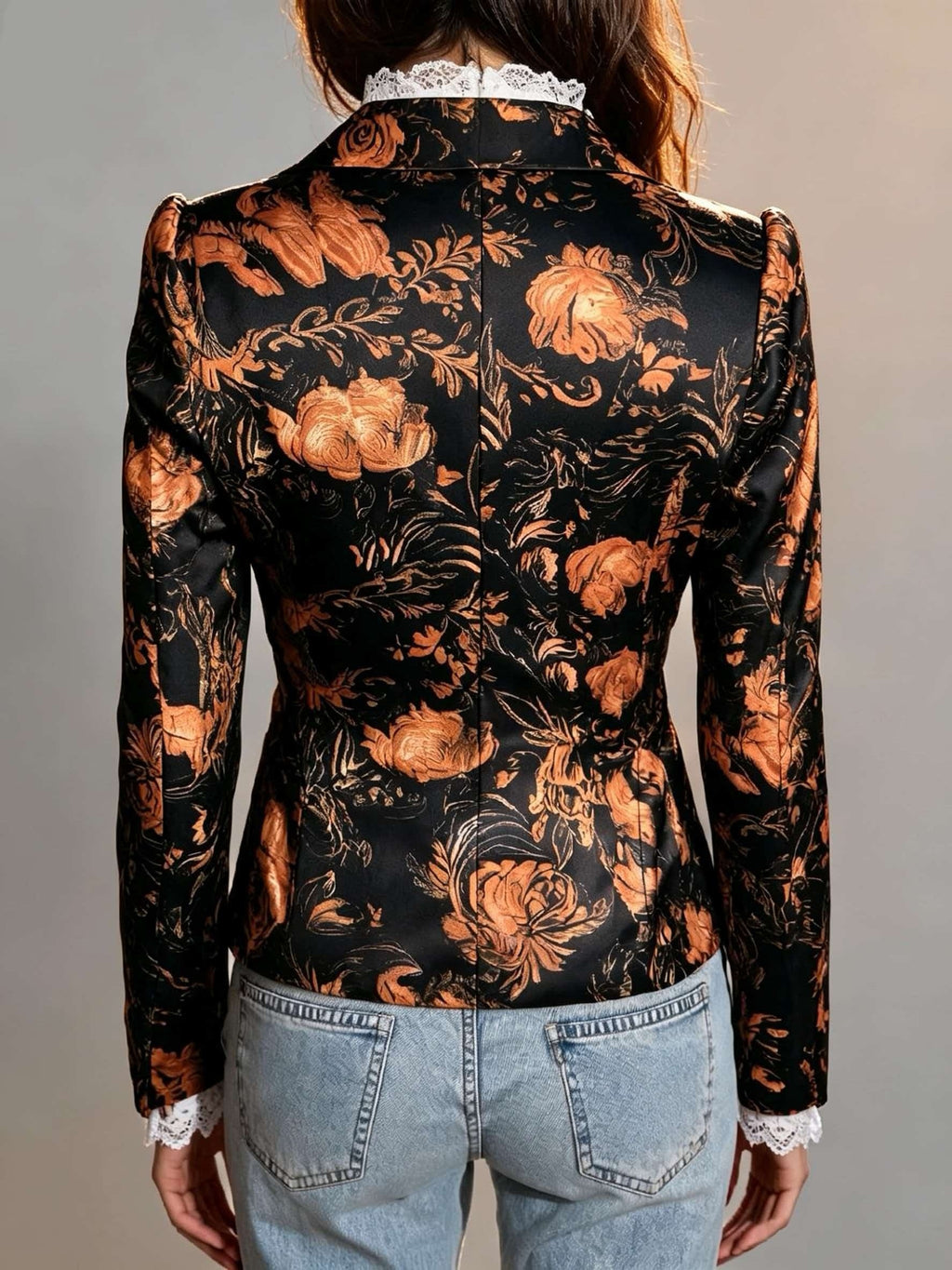 French-Style Vintage Black Suit for Women with Rose Print, Waist-Cinching Short Blazer, Two-Button V-Neck, Slim-Fit, Figure-Flattering, Office-Wear, Floral Print, Versatile Spring/Autumn Long-Sleeve Top - Black