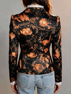 French-Style Vintage Black Suit for Women with Rose Print, Waist-Cinching Short Blazer, Two-Button V-Neck, Slim-Fit, Figure-Flattering, Office-Wear, Floral Print, Versatile Spring/Autumn Long-Sleeve Top - Black