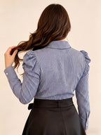 Extended Version: Women's Striped Long-Sleeve Business Shirt, Elegant Commuter Blouse with Front Button Design, Office Workwear - Blue Stripes