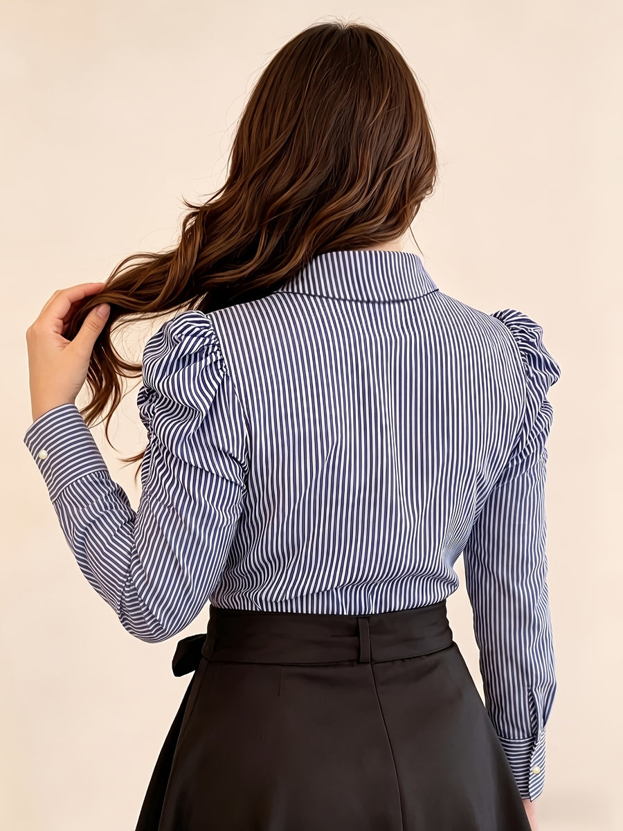 Extended Version: Women's Striped Long-Sleeve Business Shirt, Elegant Commuter Blouse with Front Button Design, Office Workwear - Blue Stripes
