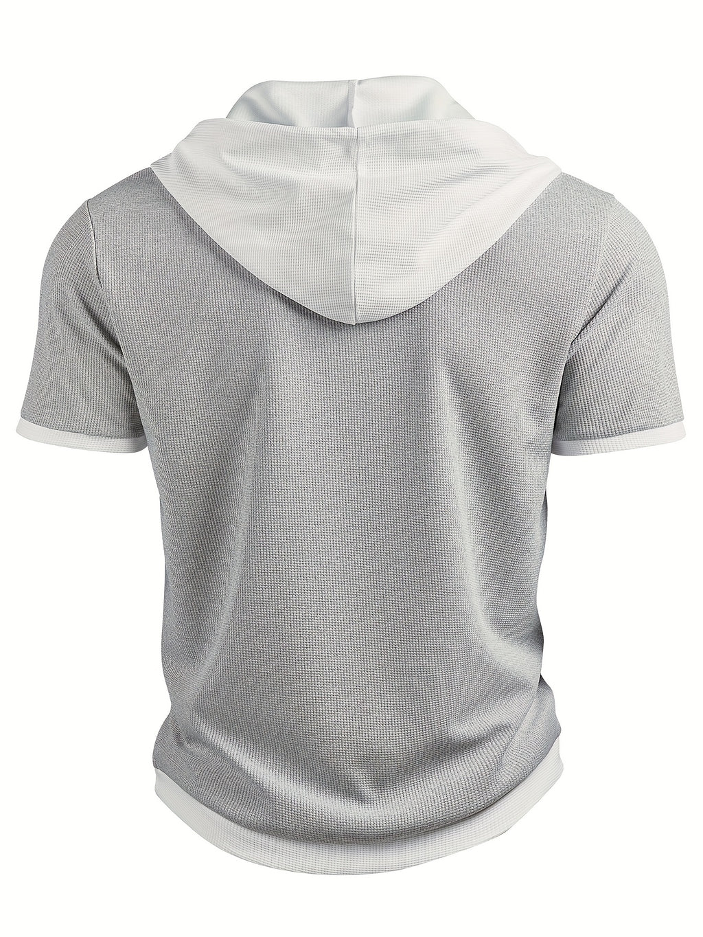 Men's Casual Short Sleeve Hooded Henley Shirt - Textured Waffle Knit & Contrast Color Block Design with Metal Buttons, Breathable Summer Outdoor Sportswear, Machine Washable Regular Fit, Henley Placket Design - Silvery Grey
