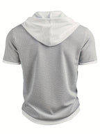 Men's Casual Short Sleeve Hooded Henley Shirt - Textured Waffle Knit & Contrast Color Block Design with Metal Buttons, Breathable Summer Outdoor Sportswear, Machine Washable Regular Fit, Henley Placket Design - Silvery Grey