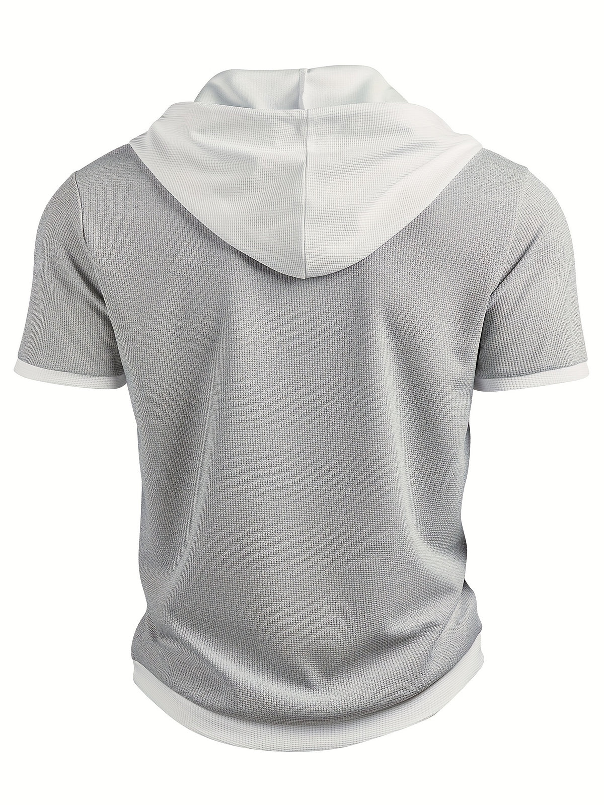 Men's Casual Short Sleeve Hooded Henley Shirt - Textured Waffle Knit & Contrast Color Block Design with Metal Buttons, Breathable Summer Outdoor Sportswear, Machine Washable Regular Fit, Henley Placket Design - Silvery Grey