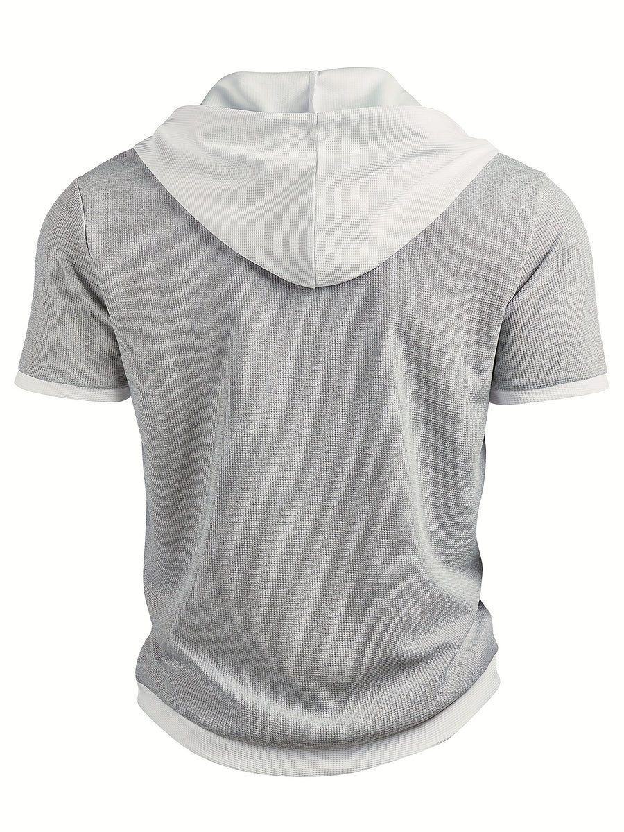 Men's Casual Short Sleeve Hooded Henley Shirt - Textured Waffle Knit & Contrast Color Block Design with Metal Buttons, Breathable Summer Outdoor Sportswear, Machine Washable Regular Fit, Henley Placket Design - Silvery Grey