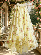Women'S Spring Summer New Elegant Floral Print Mesh Half Skirt, Suitable for Parties, Vacations, And Dates - 【Light Yellow】