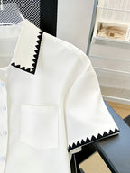 Marked Lady'S New Short-Sleeved Shirt, Embroidered Edge Shirt, Loose Fit, Design Sense, Fashionable Commute And Happy Vacation Wear - White