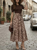 Elegant Printed Long Dress with Puff Sleeves And Layered Hem Patchwork Design, Includes Belt - Brown