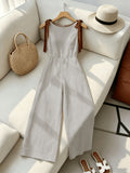 Round Neck Sleeveless Elegant Jumpsuit with Contrasting Rolled Edge Bow Decoration And Retro Court Style Waist Cinching Design, Suitable for Occasions Like Work, Back To, Dates, Parties, Holidays, And Birthdays. Valentine'S Day - Beige Gray