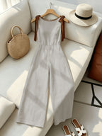 Round Neck Sleeveless Elegant Jumpsuit with Contrasting Rolled Edge Bow Decoration And Retro Court Style Waist Cinching Design, Suitable for Occasions Like Work, Back To, Dates, Parties, Holidays, And Birthdays. Valentine'S Day - Beige Gray