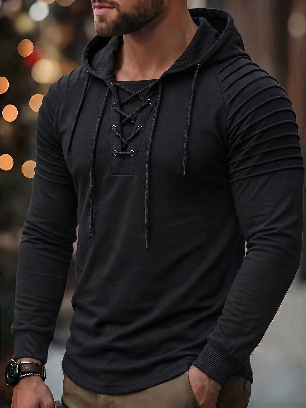 ROYALBOY Men's Summer Short-Sleeve Solid Color Perforated Drawstring Hooded Striped Design, Suitable for Casual Sportswear - Black