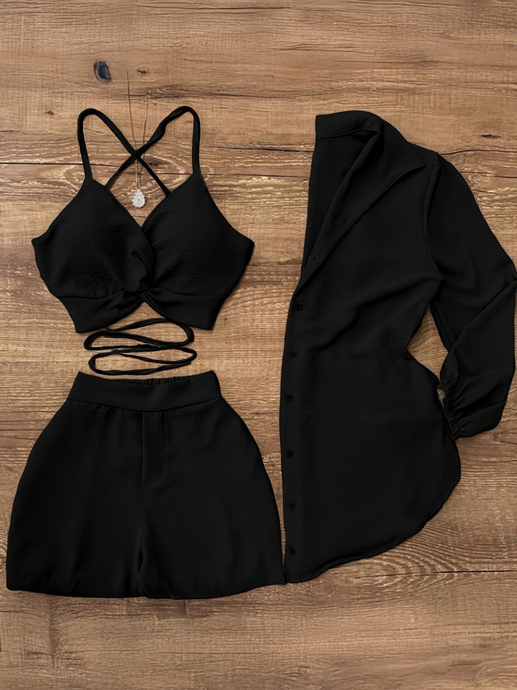 Women's Three-Piece Set: Camisole Top, Shorts & Shirt - Perfect for Daily Commute Vacation - Black