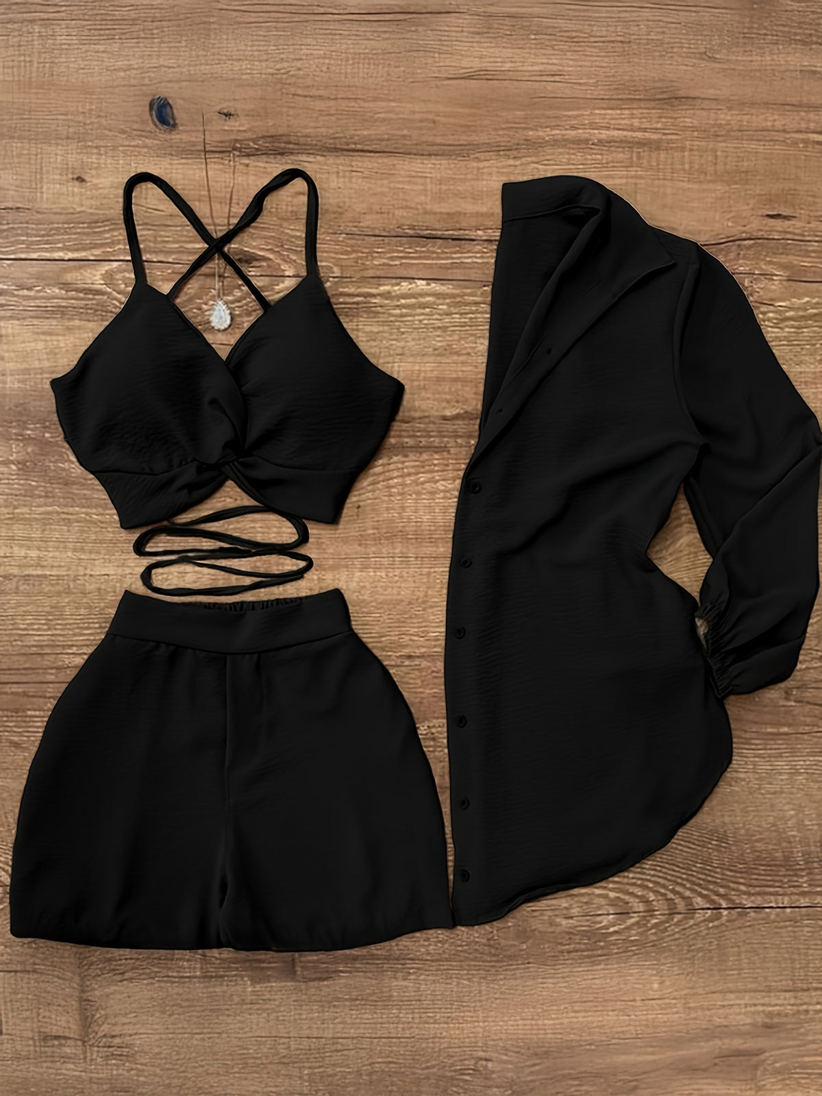 Women's Three-Piece Set: Camisole Top, Shorts & Shirt - Perfect for Daily Commute Vacation - Black