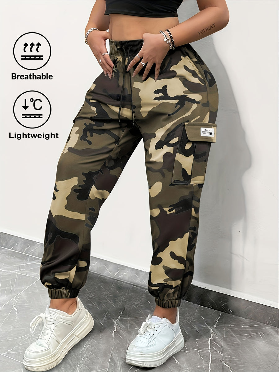 Women'S Camouflage Cargo Pants with Large Pockets, Featuring an Elastic Waistband with Drawstring And Tapered Cuffs, Suitable for Everyday Outdoor Leisure - Khaki Camouflage