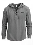 Men's Trendy Lace-up Hooded Top with a V-neck That Creates a Three-dimensional Layered Look. The Brooklyn Logo on the Left Chest Enhances the Vintage Style, Making It Suitable for Urban Explorations, Suburban Outings, and Street Strolls - Dark Gray