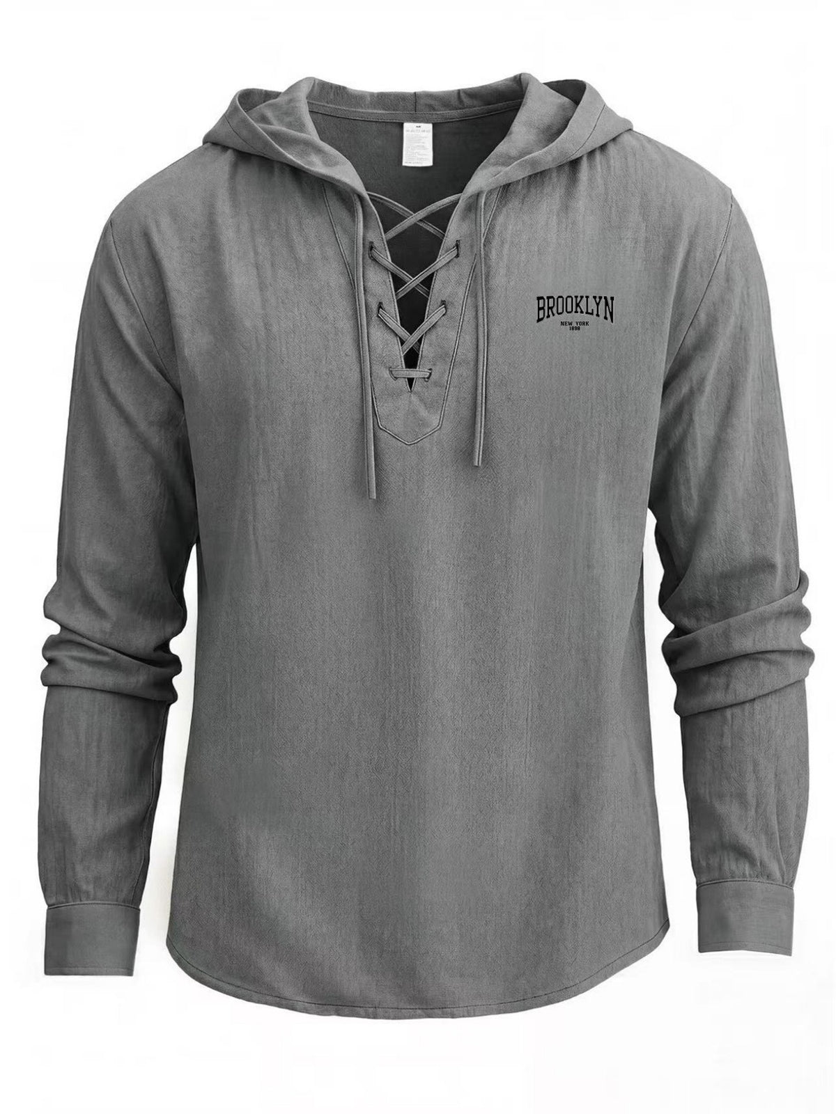 Men's Trendy Lace-up Hooded Top with a V-neck That Creates a Three-dimensional Layered Look. The Brooklyn Logo on the Left Chest Enhances the Vintage Style, Making It Suitable for Urban Explorations, Suburban Outings, and Street Strolls - Dark Gray