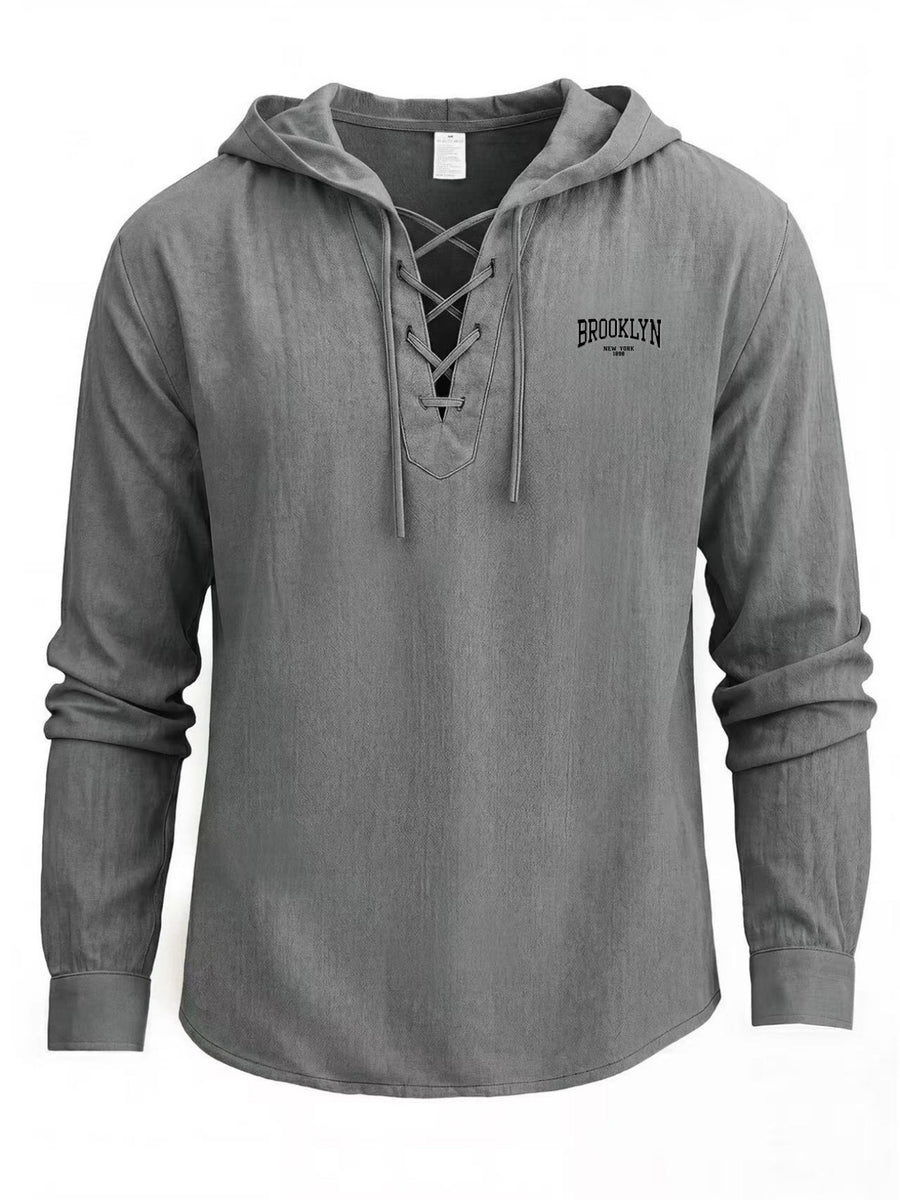 Men's Trendy Lace-up Hooded Top with a V-neck That Creates a Three-dimensional Layered Look. The Brooklyn Logo on the Left Chest Enhances the Vintage Style, Making It Suitable for Urban Explorations, Suburban Outings, and Street Strolls - Dark Gray