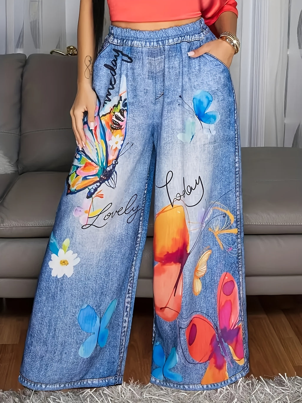 Women'S Floral Print, Energetic Butterfly Print, Elastic Casual Wide-Leg Pants with Pockets, Spring Summer Fall Lightweight Outfit - Mixed colors