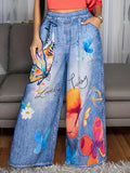 Women'S Floral Print, Energetic Butterfly Print, Elastic Casual Wide-Leg Pants with Pockets, Spring Summer Fall Lightweight Outfit - Mixed colors