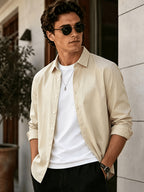 Men'S Long Sleeve Casual Shirt for Summer, Lightweight, Breathable And Comfortable. Slim-Fit And Versatile with Relaxed Cut, Ideal for Daily Commuting And Travel Outfits. (Shirt solely) - Khaki