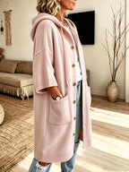 Plus Size - Women'S Spring Autumn Elegant Casual Cute Sexy Gentle Solid Color Hooded Drawstring Thick Long Sleeve Soft Warm Coat Button-Up Cardigan Jacket - Pink Color