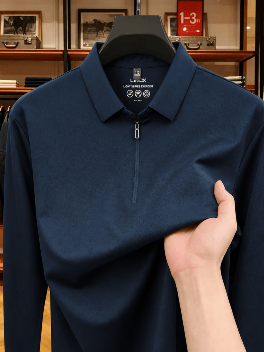 Men'S Thin Loose Zip Collar Lapel Long Sleeve Polo Shirt Skin-Friendly Non-Iron Business Casual Top for Spring Autumn Daily Commute Layering Outfit for Middle-Aged Dad, Suitable for Golf, Fishing, Tennis, Outdoor Sports - Dark Green