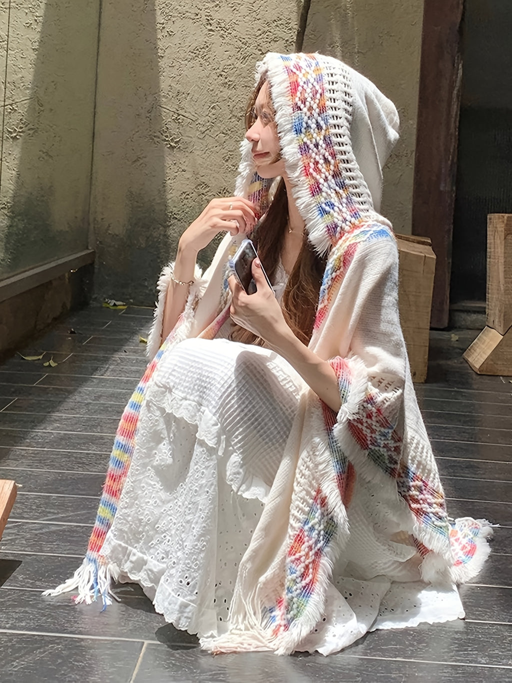 Women's Hooded Shawl, Hollow-Out Fringe Cape Coat, Ethnic Style Color Block Hooded Travel Shawl, Loose Fit Cape, Unique Design Niche Hooded Fringe Shawl, Outerwear Ethnic Style Cape Coat with Hood, Hollow-Out Fringe Shawl for Women - White