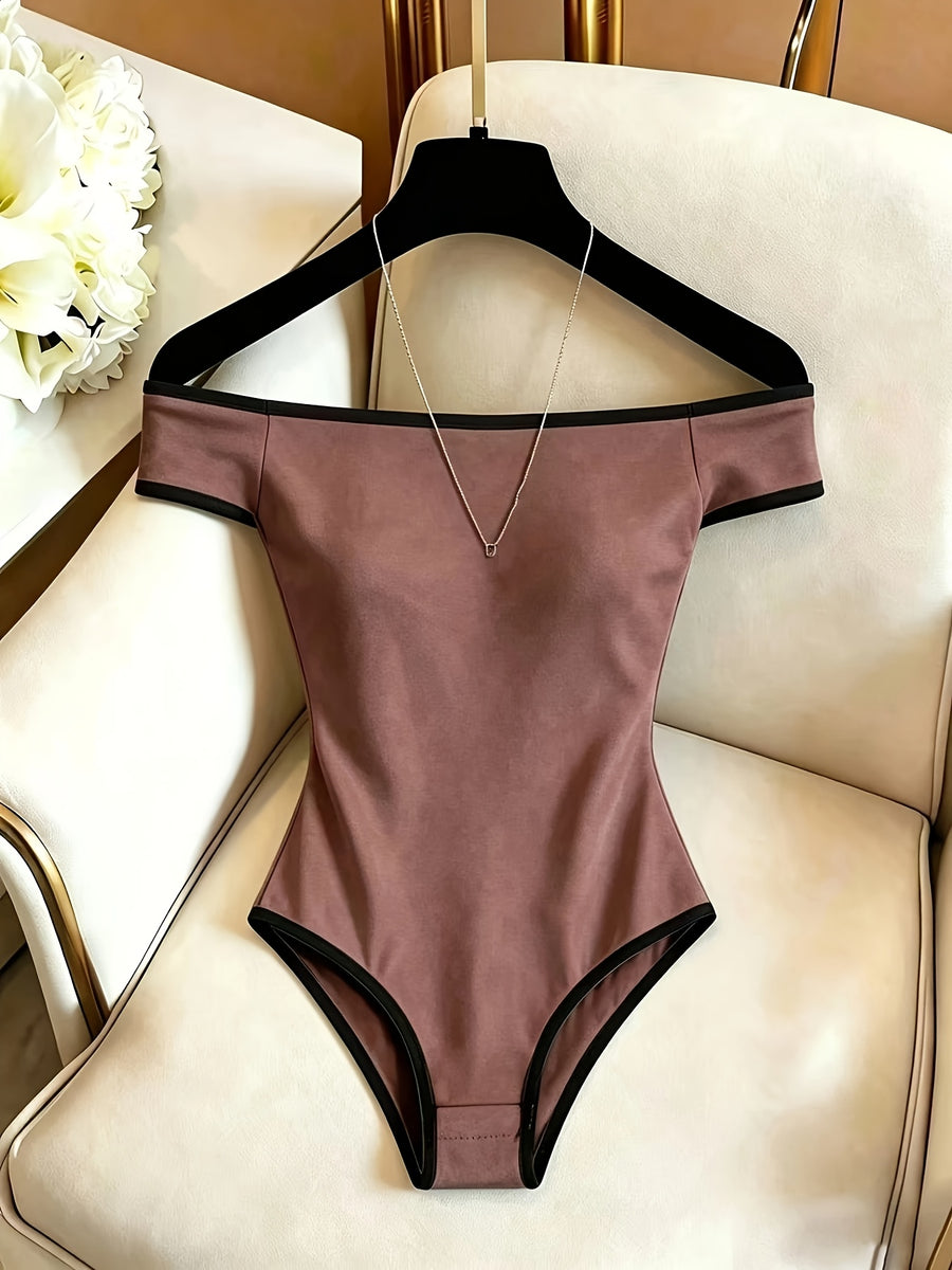 Women'S Off-Shoulder Bodycon Jumpsuit, Minimalist All-Match, Outdoor Vacation, Daily Casual Wear, White Jumpsuit - Dark Brown